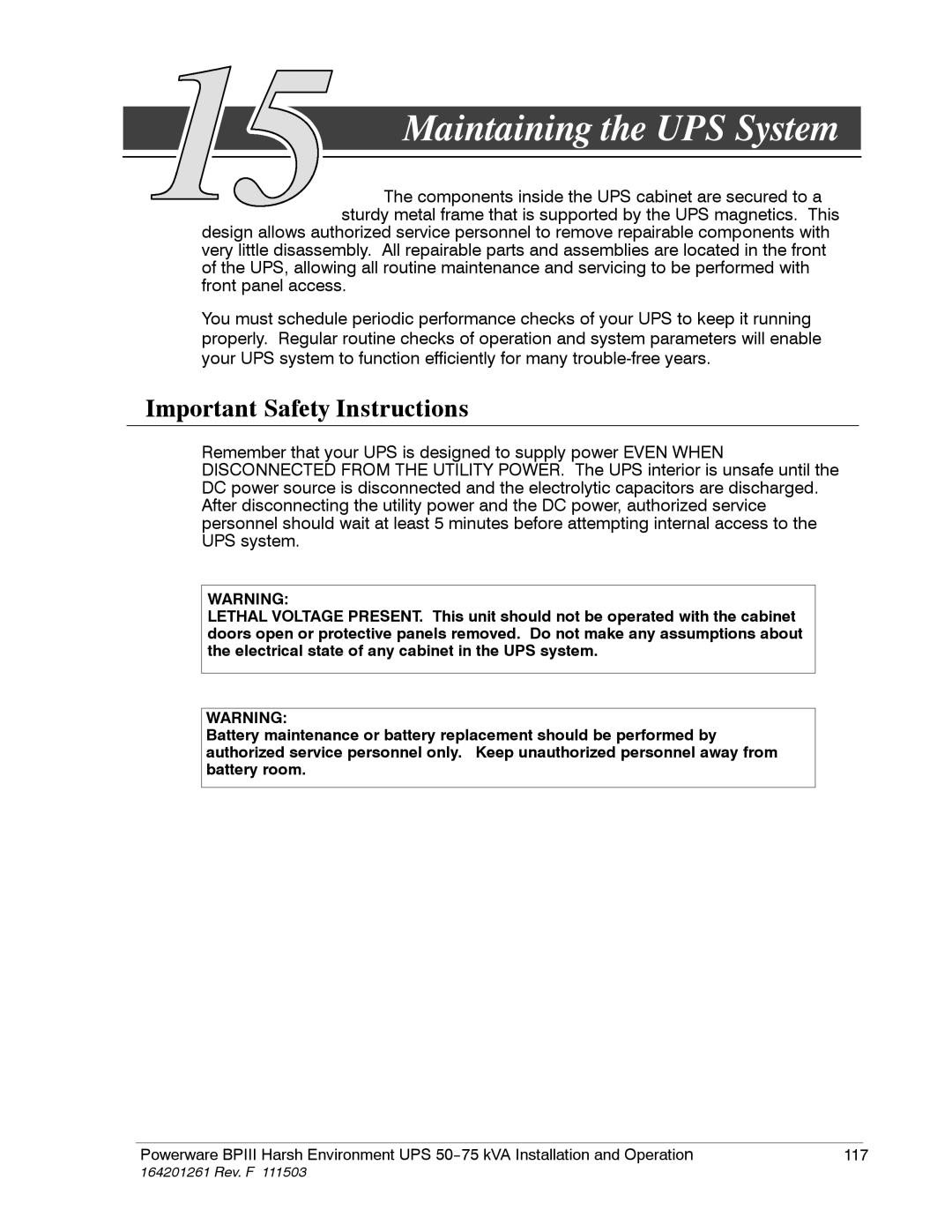 Powerware 5075 kVA operation manual Maintaining the UPS System, Important Safety Instructions 