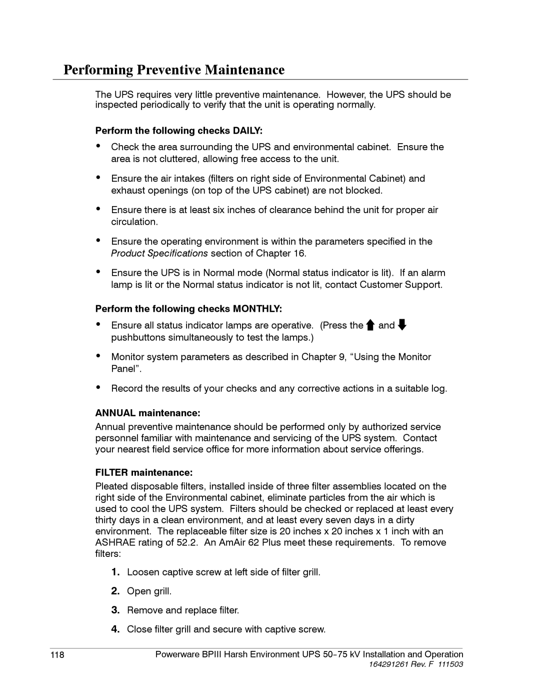 Powerware 5075 kVA operation manual Performing Preventive Maintenance, Perform the following checks Daily 