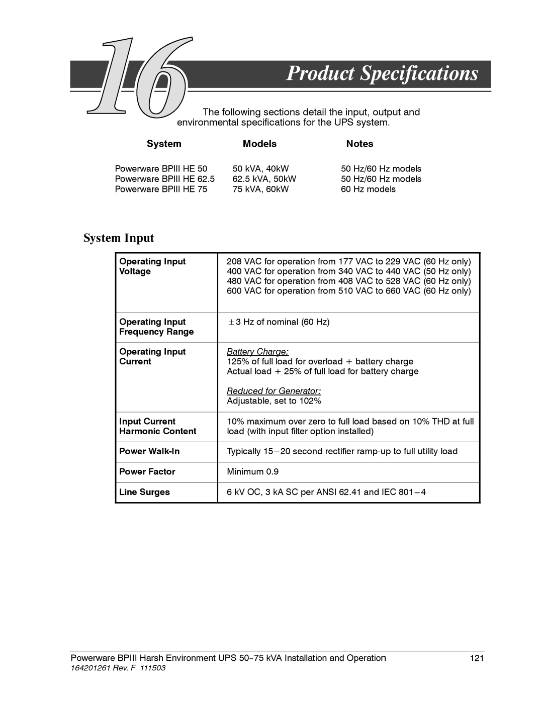 Powerware 5075 kVA operation manual Product Specifications, System Input 