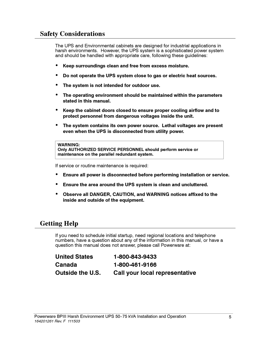 Powerware 5075 kVA operation manual Safety Considerations, Getting Help 