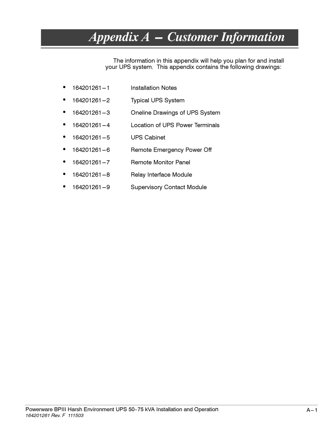 Powerware 5075 kVA operation manual Appendix a --- Customer Information 