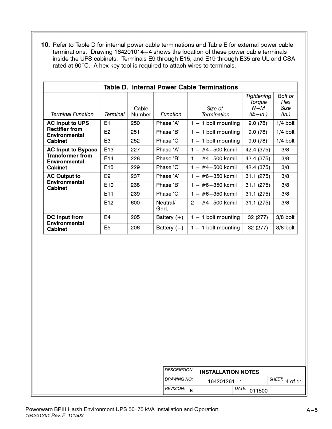 Powerware 5075 kVA operation manual Table D. Internal Power Cable Terminations 