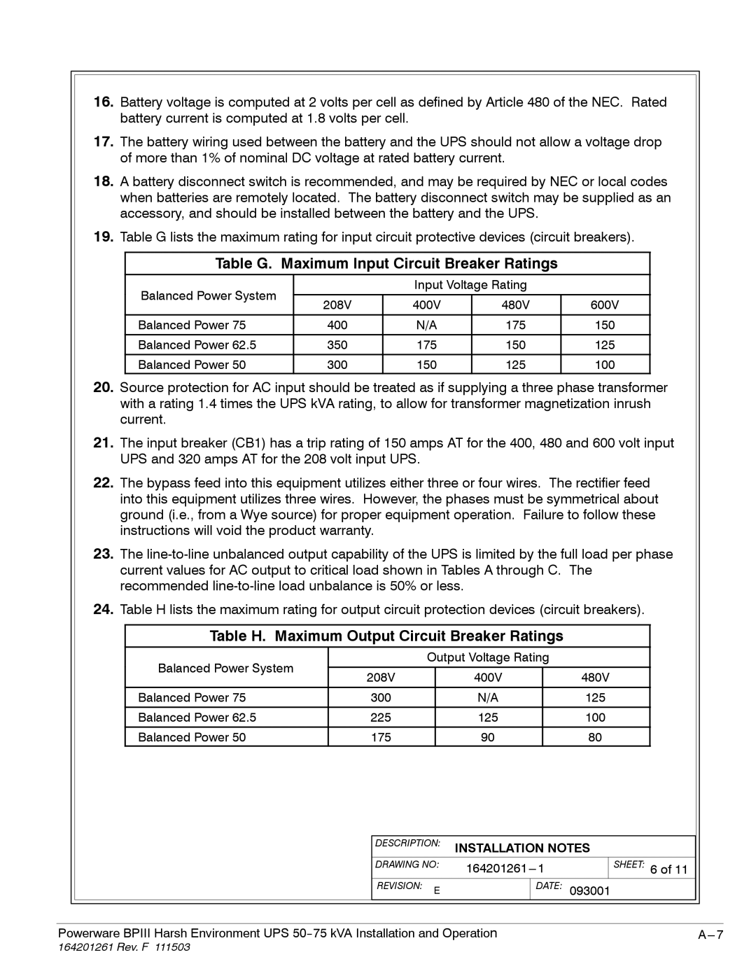 Powerware 5075 kVA Table G. Maximum Input Circuit Breaker Ratings, Table H. Maximum Output Circuit Breaker Ratings 