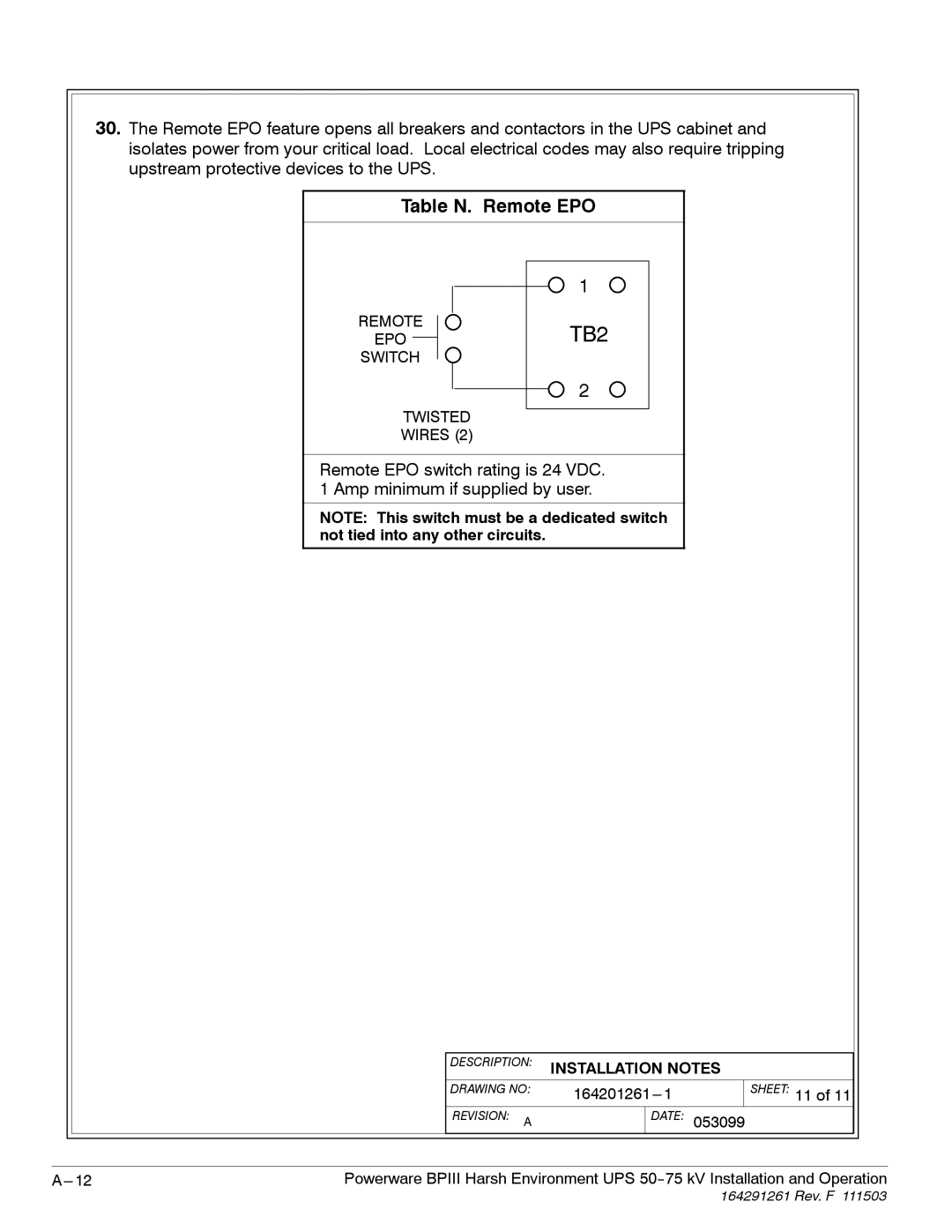 Powerware 5075 kVA operation manual TB2, Table N. Remote EPO 