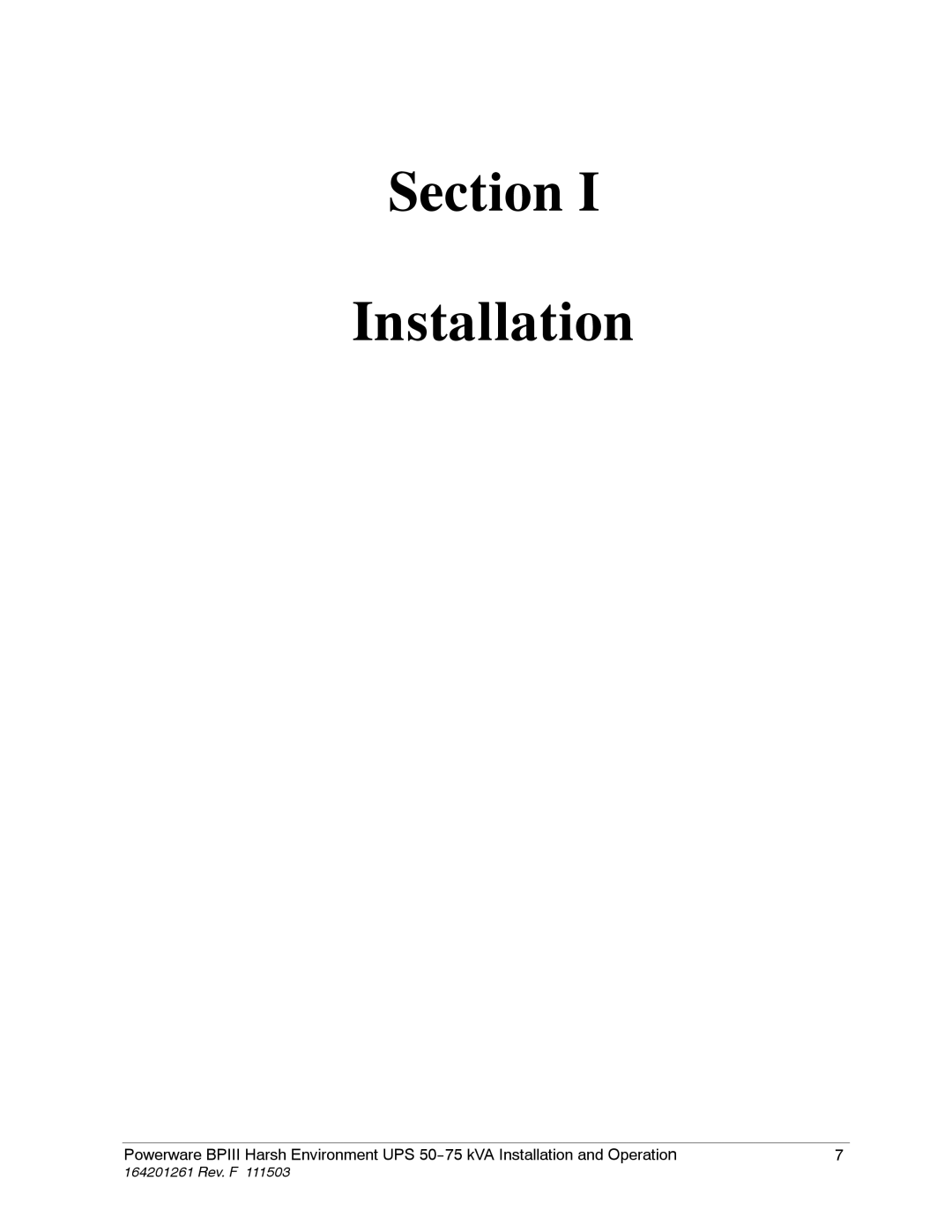 Powerware 5075 kVA operation manual Section Installation 