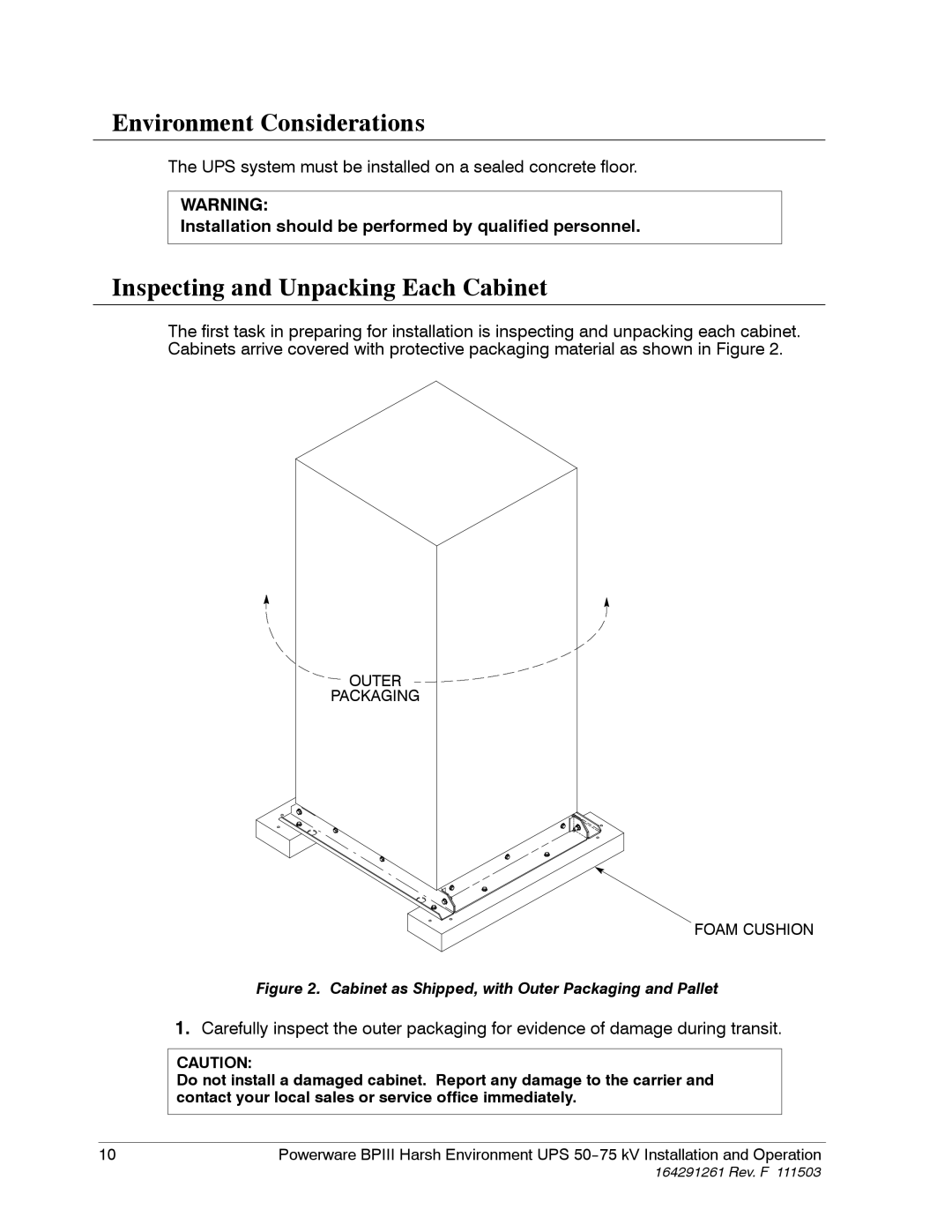 Powerware 5075 kVA operation manual Environment Considerations, Inspecting and Unpacking Each Cabinet 