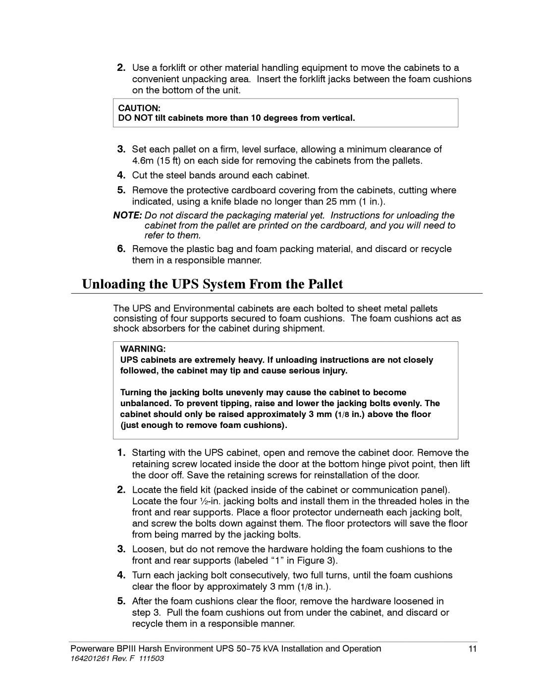 Powerware 5075 kVA operation manual Unloading the UPS System From the Pallet 