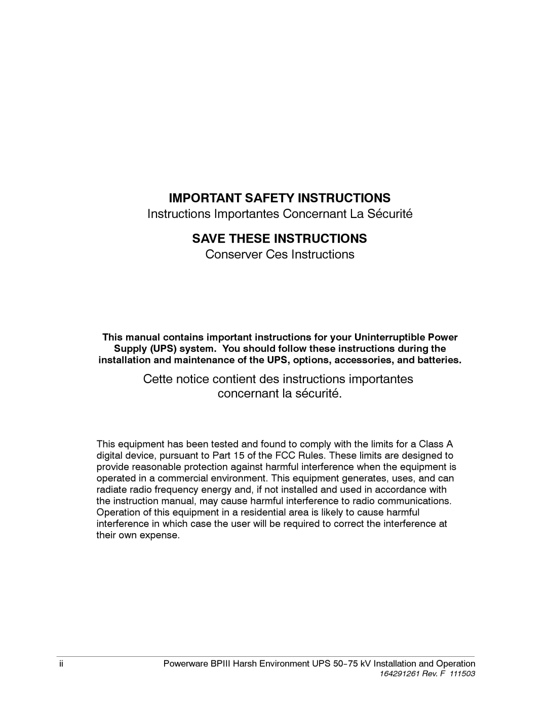 Powerware 5075 kVA operation manual Important Safety Instructions 