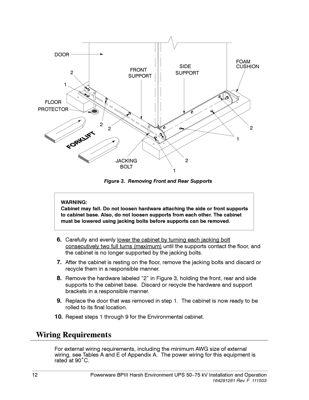 Powerware 5075 kVA operation manual Wiring Requirements, Removing Front and Rear Supports 