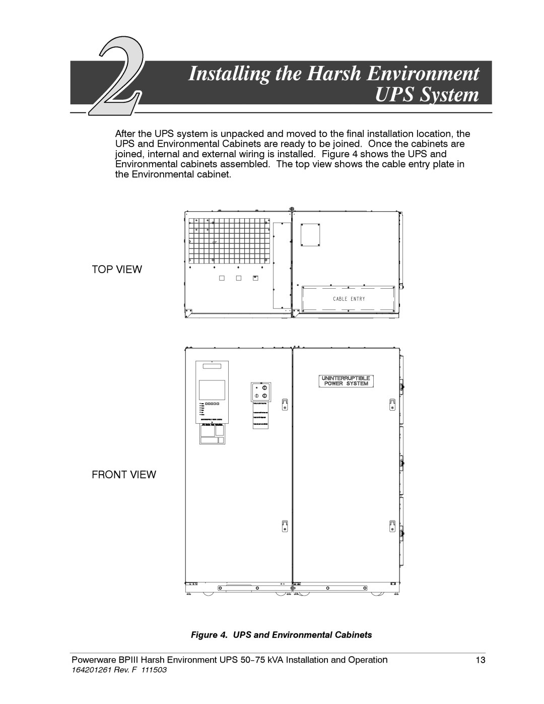 Powerware 5075 kVA operation manual Installing the Harsh Environment UPS System, TOP View Front View 