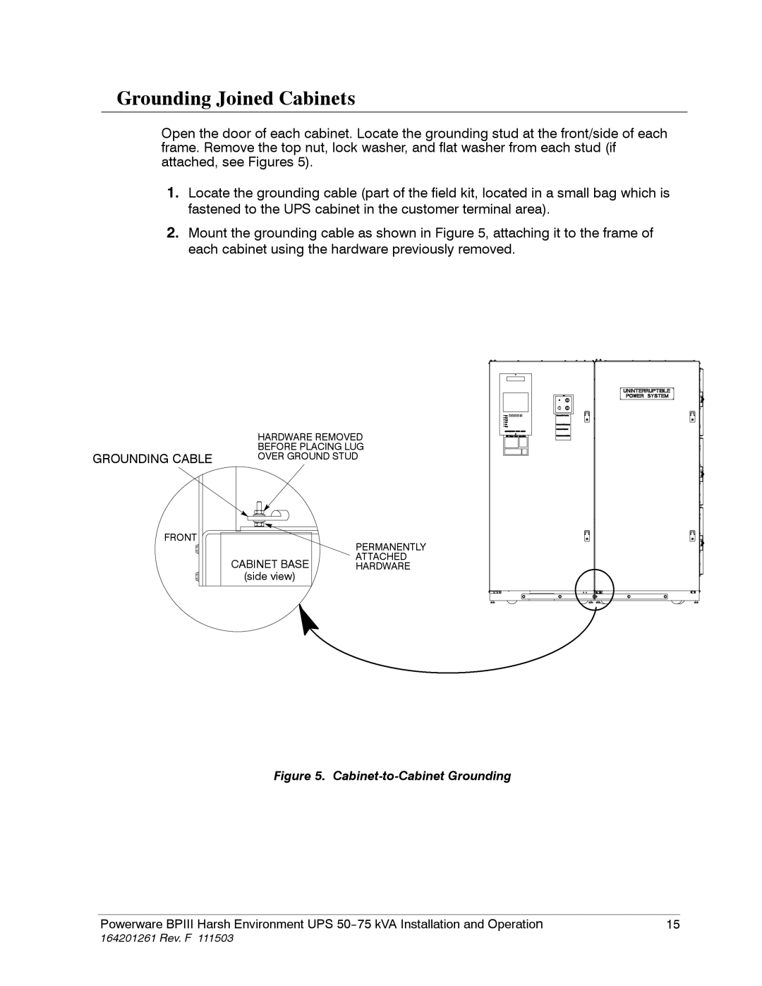 Powerware 5075 kVA operation manual Grounding Joined Cabinets, Grounding Cable 