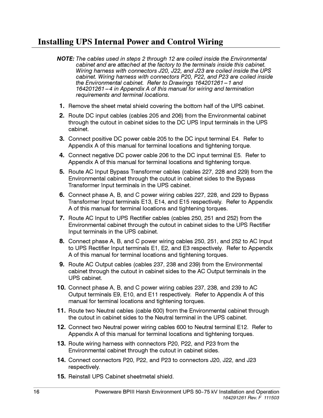 Powerware 5075 kVA operation manual Installing UPS Internal Power and Control Wiring 