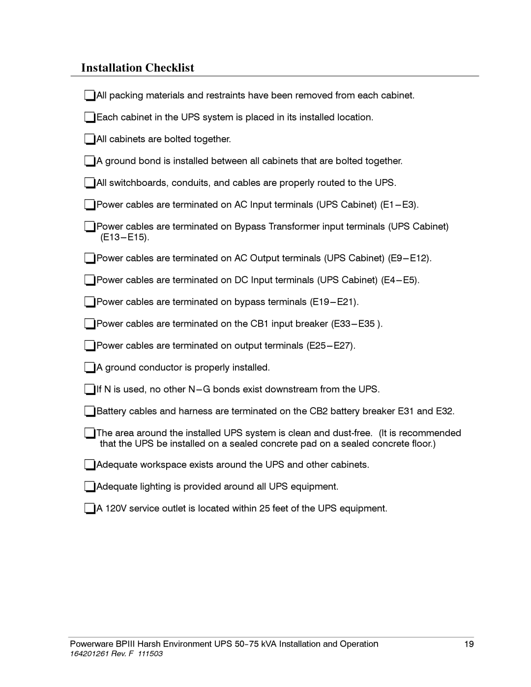 Powerware 5075 kVA operation manual Installation Checklist 