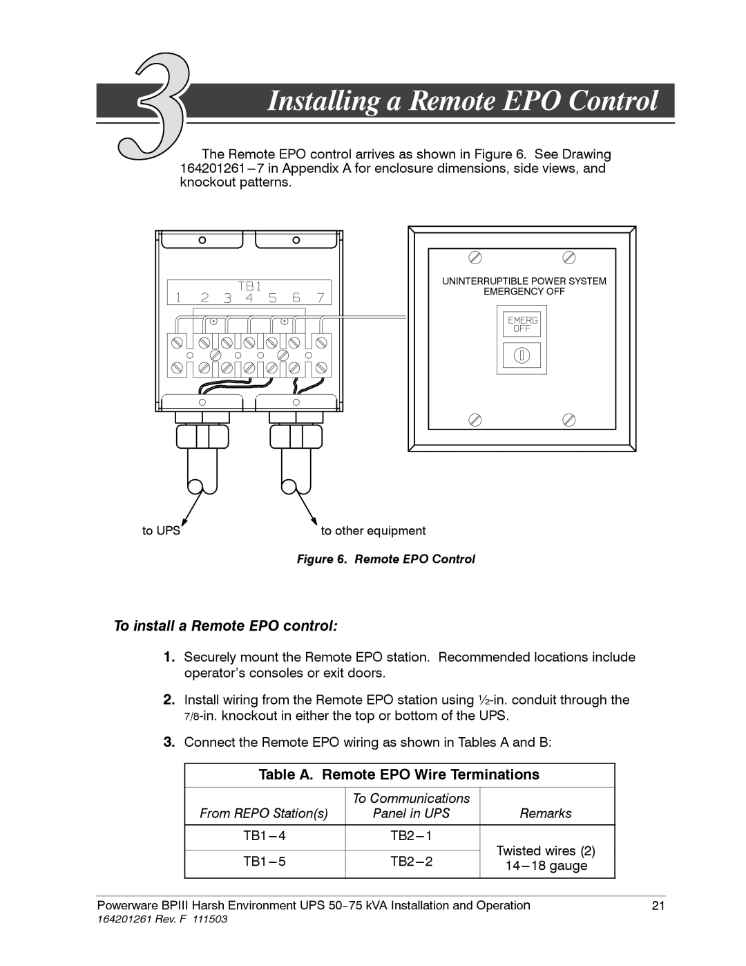 Powerware 5075 kVA operation manual Installing a Remote EPO Control, Table A. Remote EPO Wire Terminations 