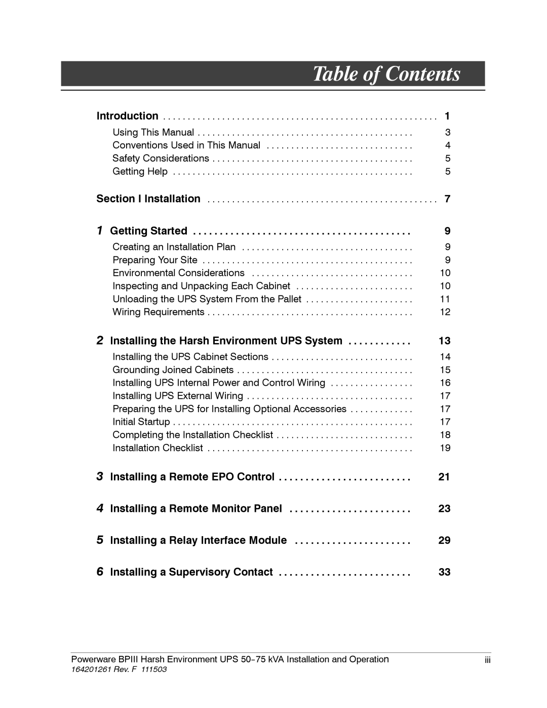 Powerware 5075 kVA operation manual Table of Contents 