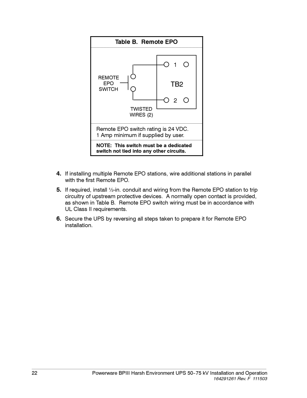 Powerware 5075 kVA operation manual Table B. Remote EPO 