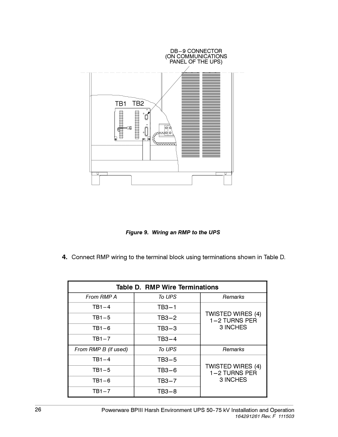 Powerware 5075 kVA operation manual Table D. RMP Wire Terminations 