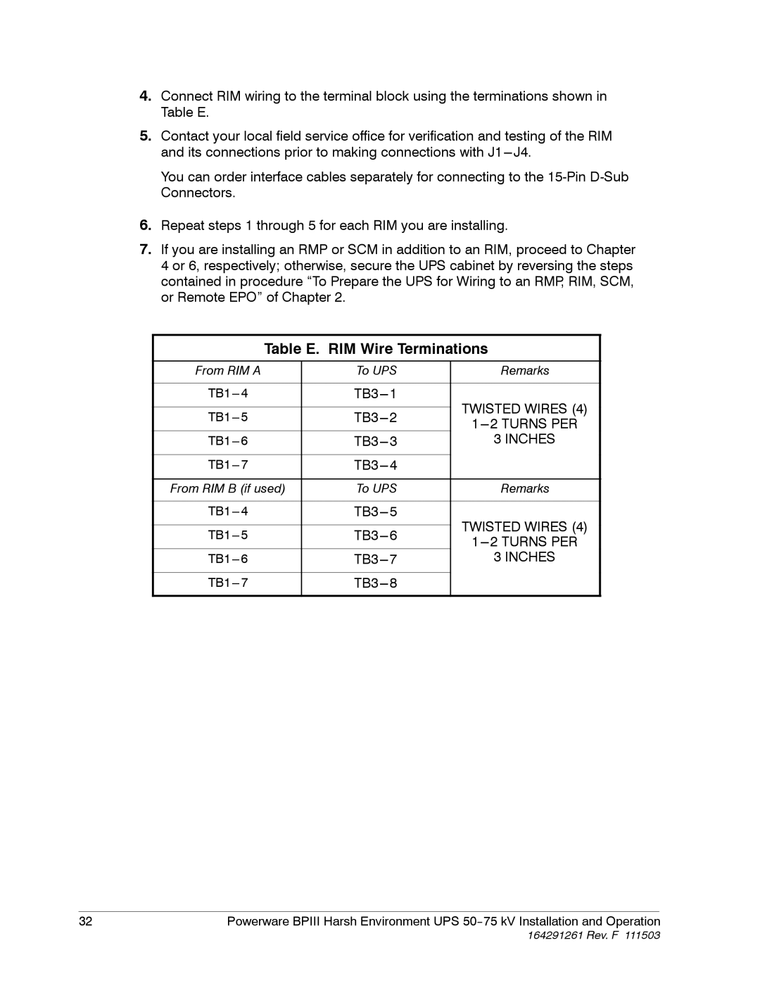 Powerware 5075 kVA operation manual Table E. RIM Wire Terminations, TB3---8 