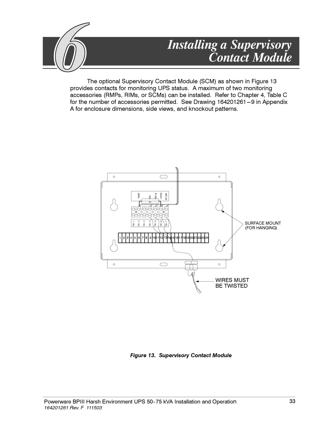 Powerware 5075 kVA operation manual Installing a Supervisory Contact Module 