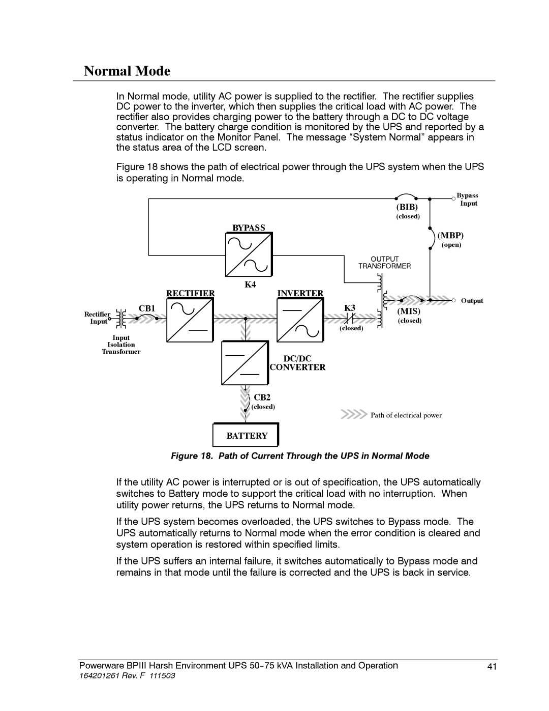 Powerware 5075 kVA operation manual Path of Current Through the UPS in Normal Mode 