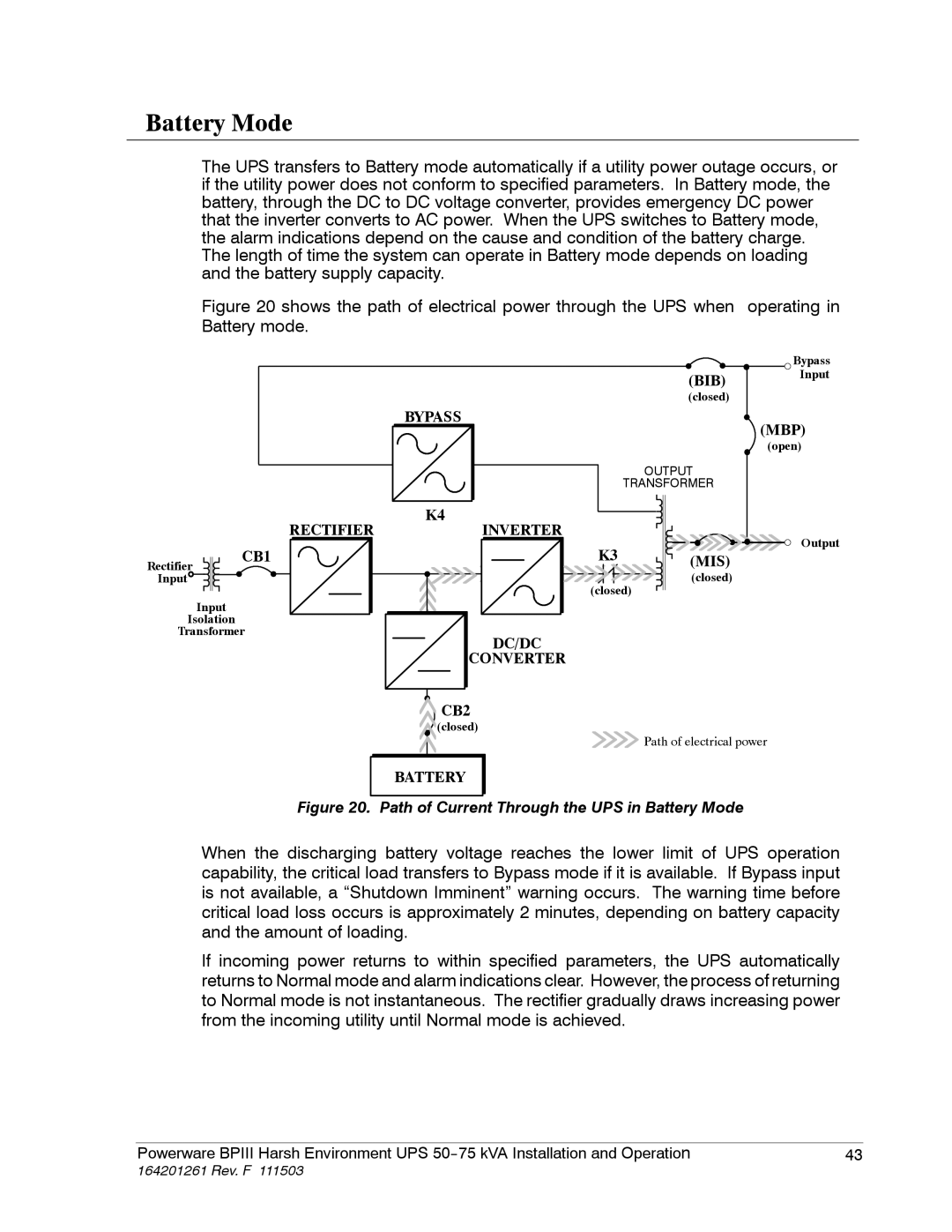 Powerware 5075 kVA operation manual Path of Current Through the UPS in Battery Mode 