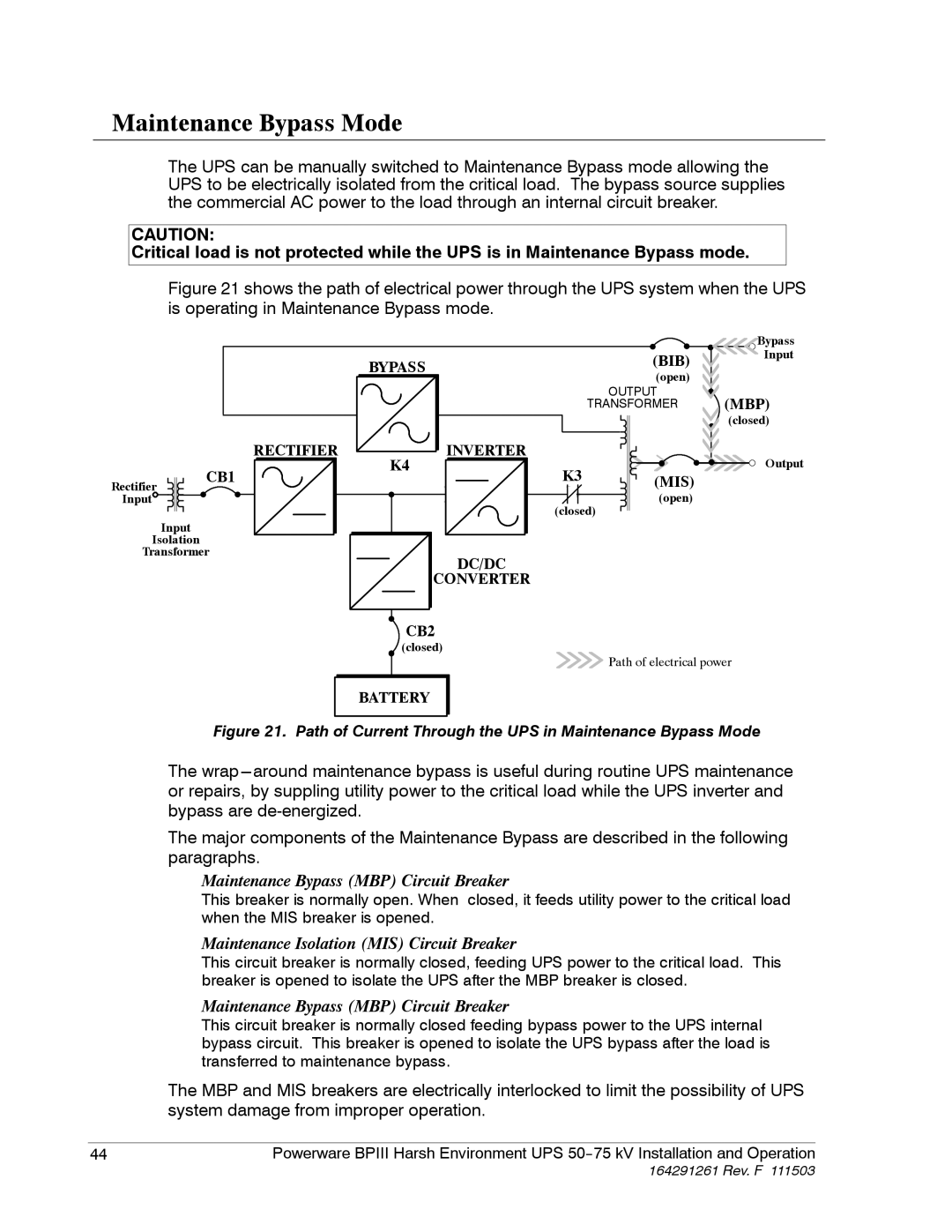 Powerware 5075 kVA operation manual Maintenance Bypass Mode, Maintenance Bypass MBP Circuit Breaker 