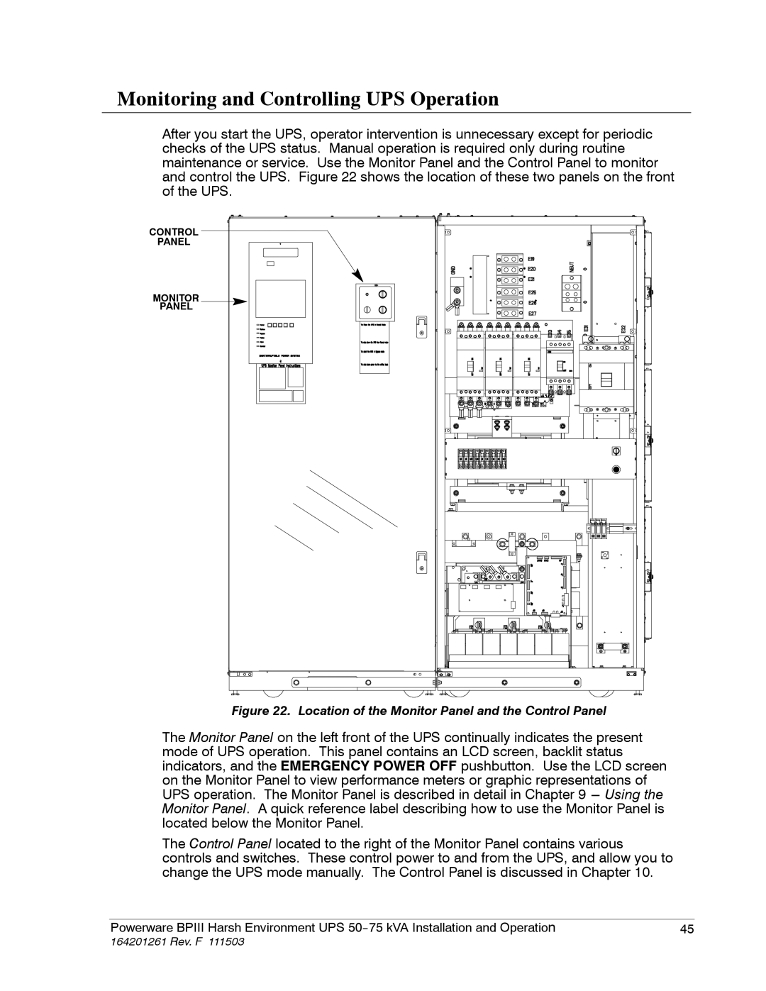 Powerware 5075 kVA Monitoring and Controlling UPS Operation, Location of the Monitor Panel and the Control Panel 