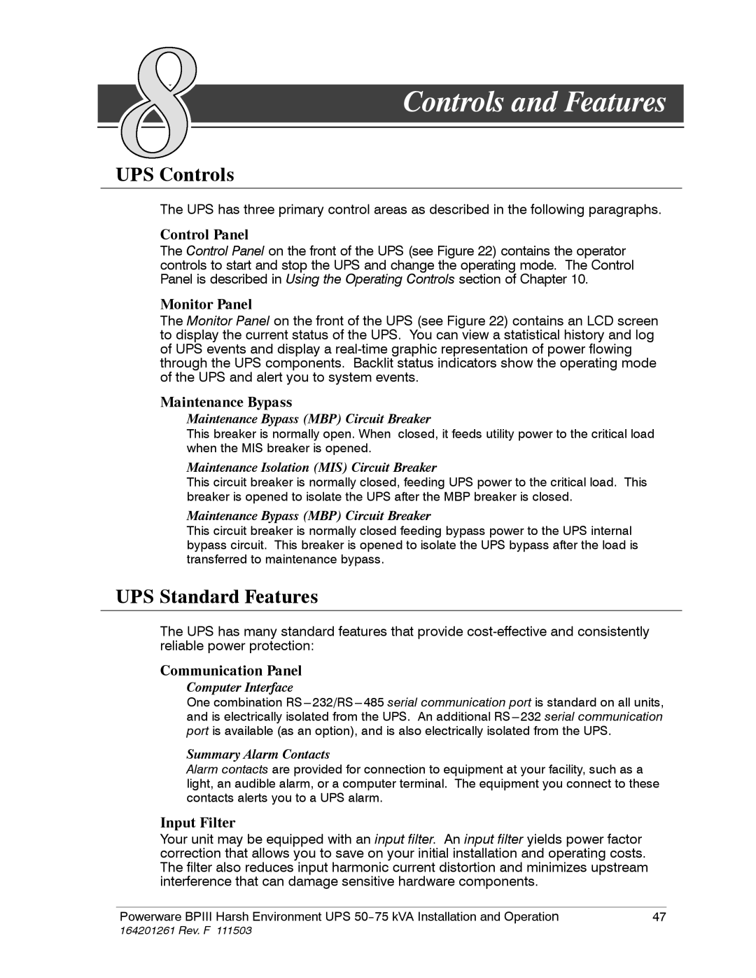 Powerware 5075 kVA operation manual Controls and Features, UPS Controls, UPS Standard Features 