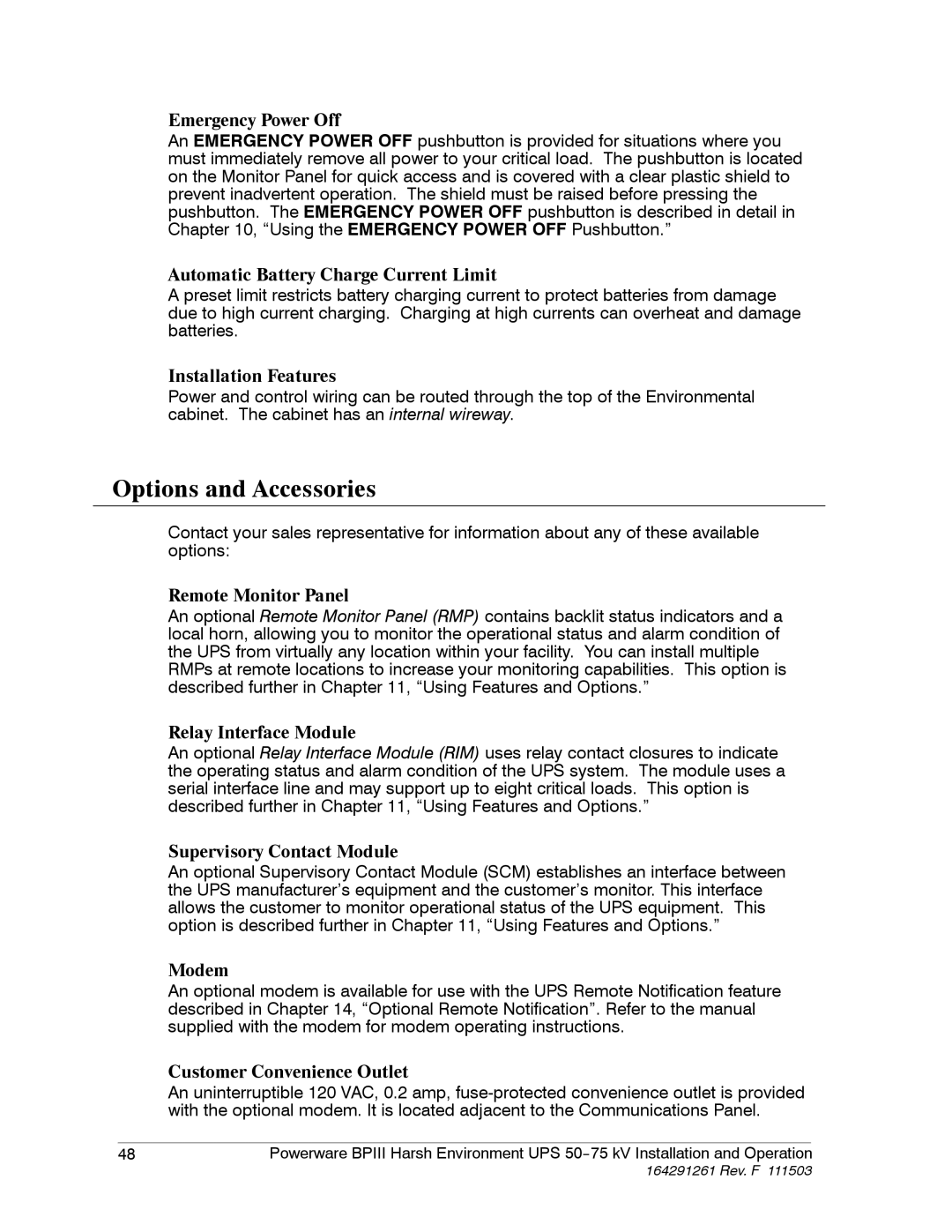 Powerware 5075 kVA operation manual Options and Accessories, Emergency Power Off 