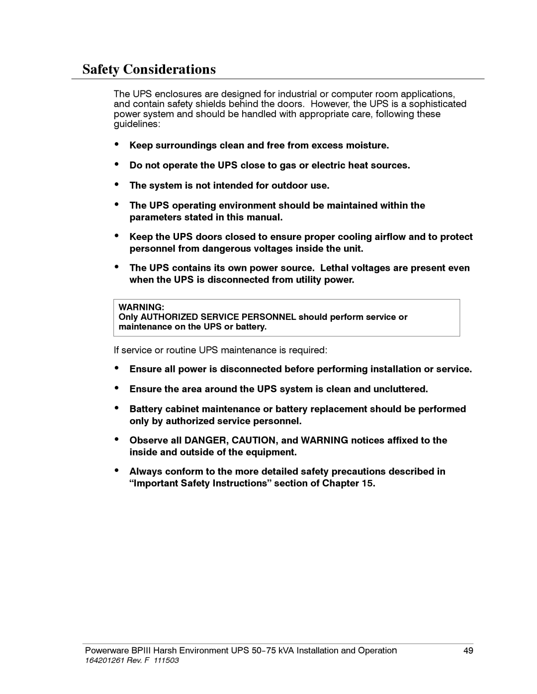 Powerware 5075 kVA operation manual If service or routine UPS maintenance is required 