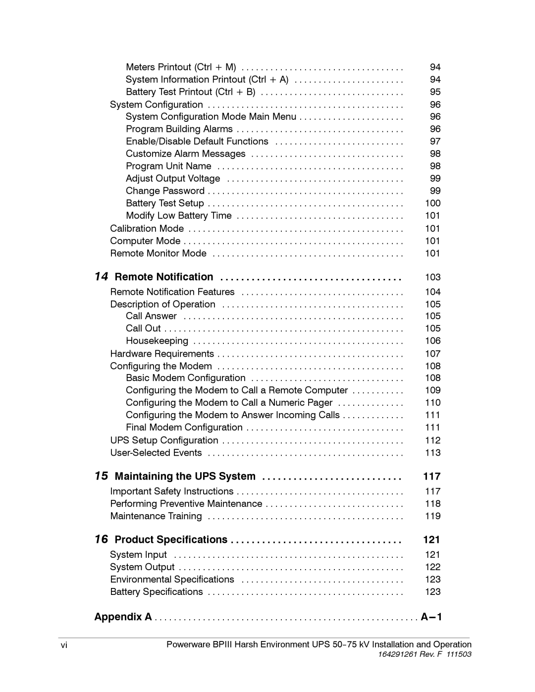 Powerware 5075 kVA operation manual Remote Notification, Maintaining the UPS System 117, Product Specifications 121 