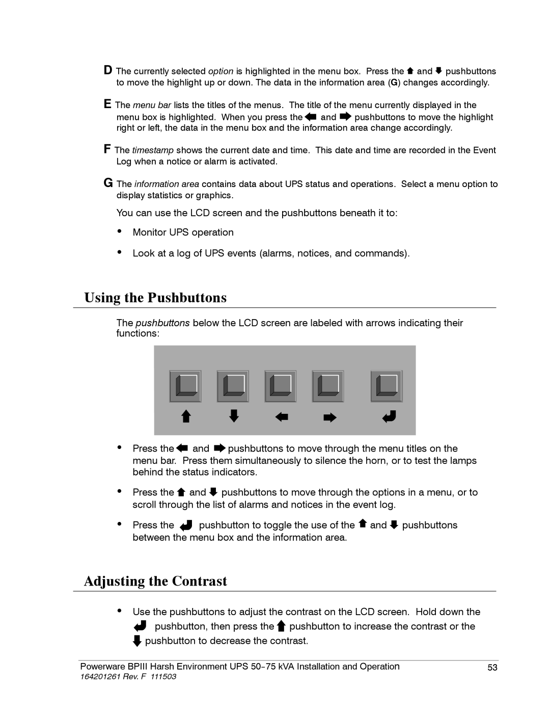 Powerware 5075 kVA operation manual Using the Pushbuttons, Adjusting the Contrast 