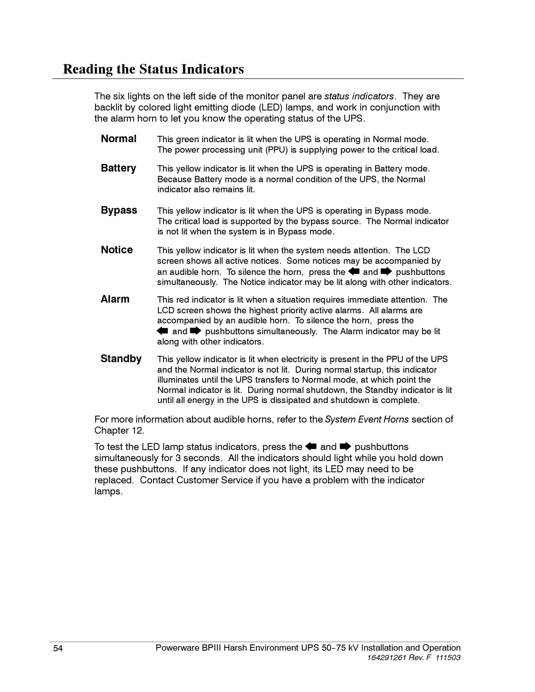 Powerware 5075 kVA operation manual Reading the Status Indicators 