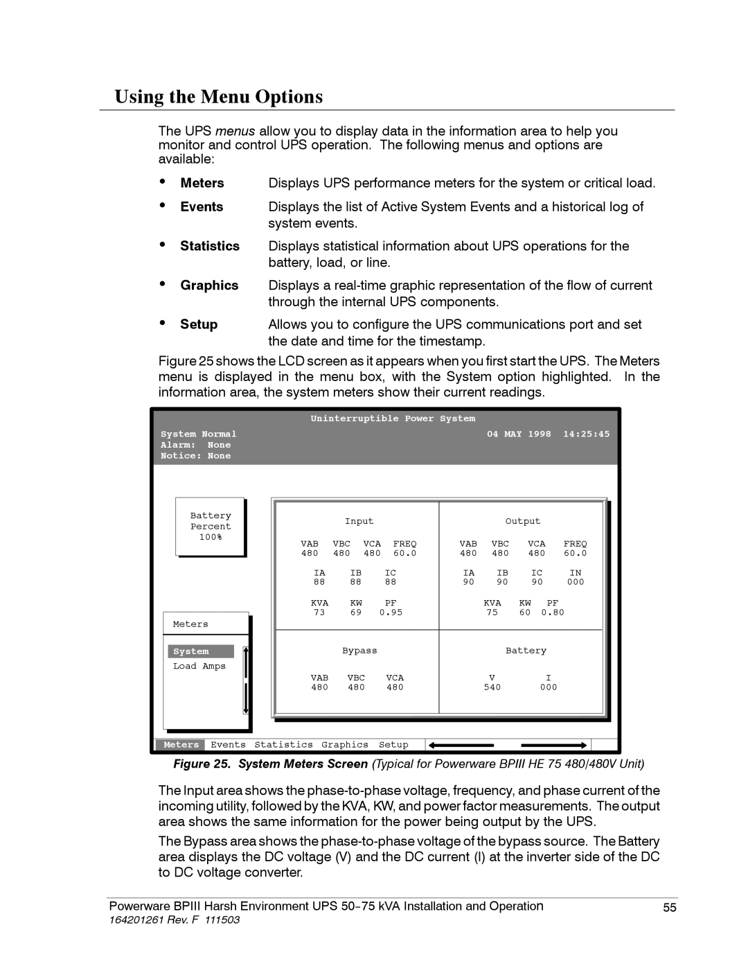 Powerware 5075 kVA operation manual Using the Menu Options, Setup 