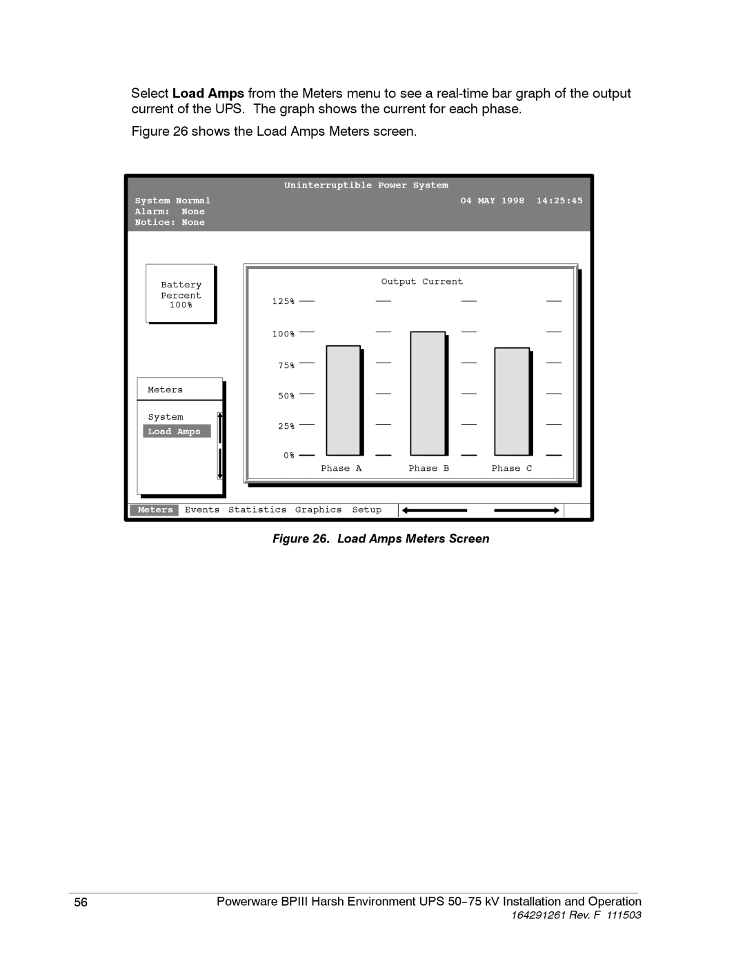 Powerware 5075 kVA operation manual Shows the Load Amps Meters screen 