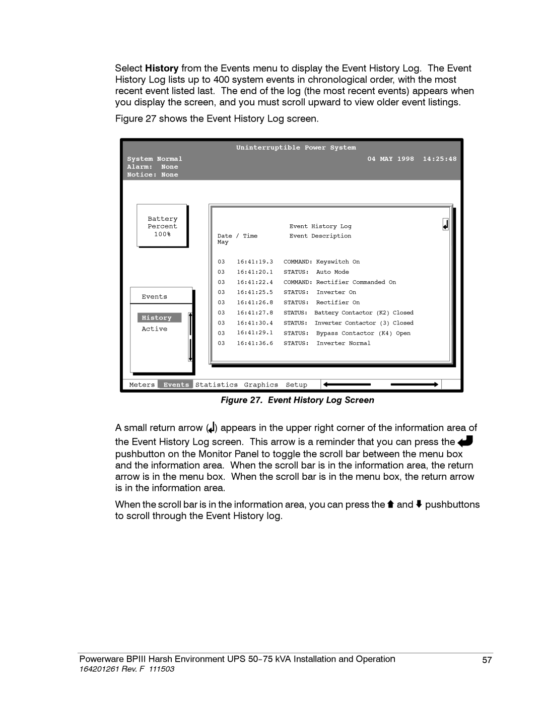 Powerware 5075 kVA operation manual Shows the Event History Log screen 