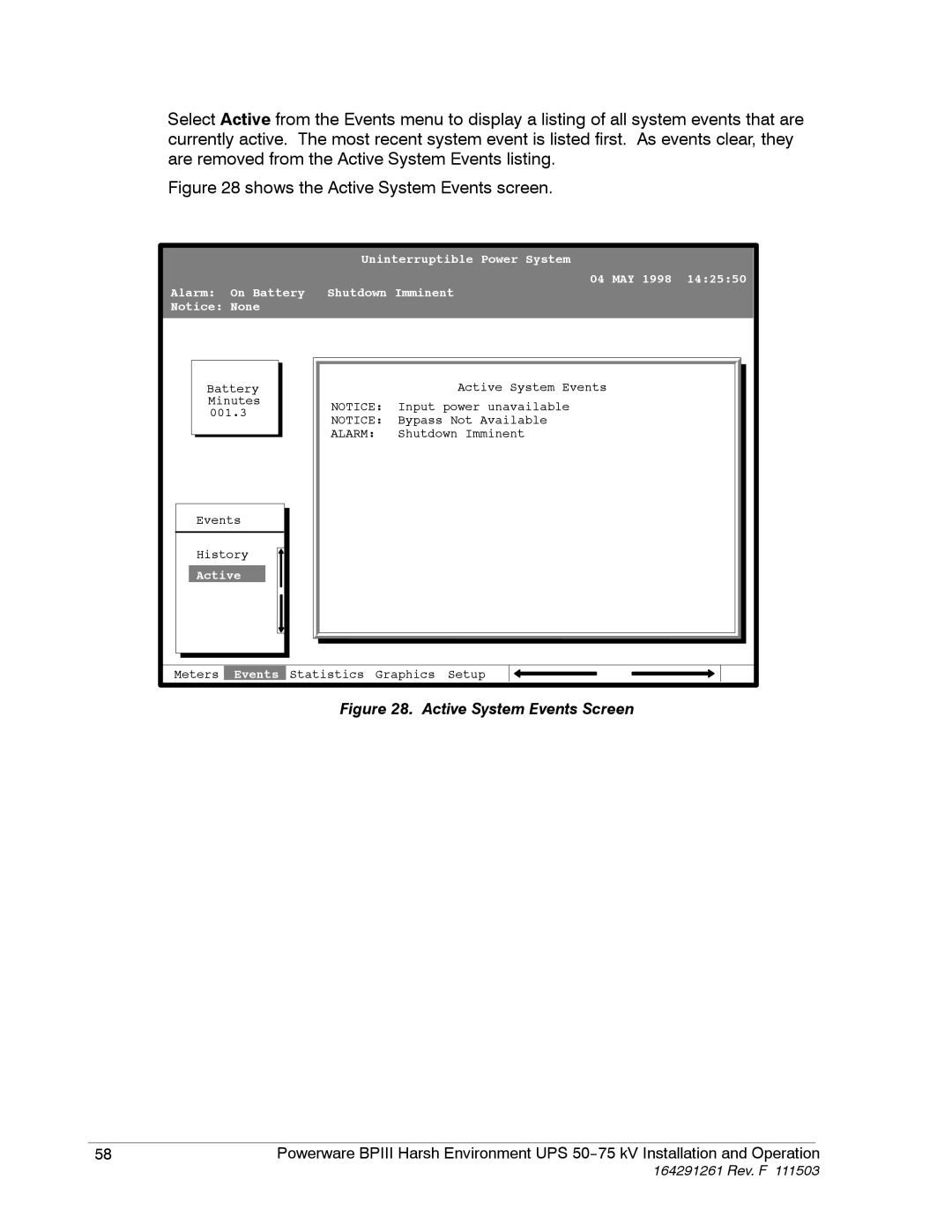 Powerware 5075 kVA operation manual Shows the Active System Events screen 