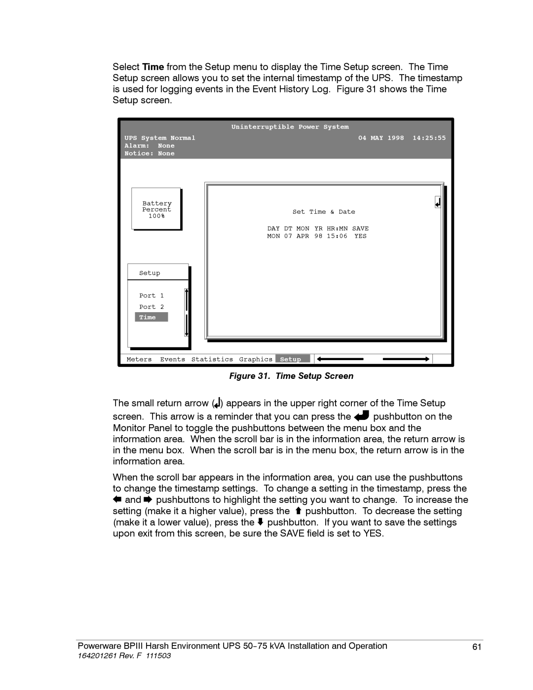 Powerware 5075 kVA operation manual Time Setup Screen 