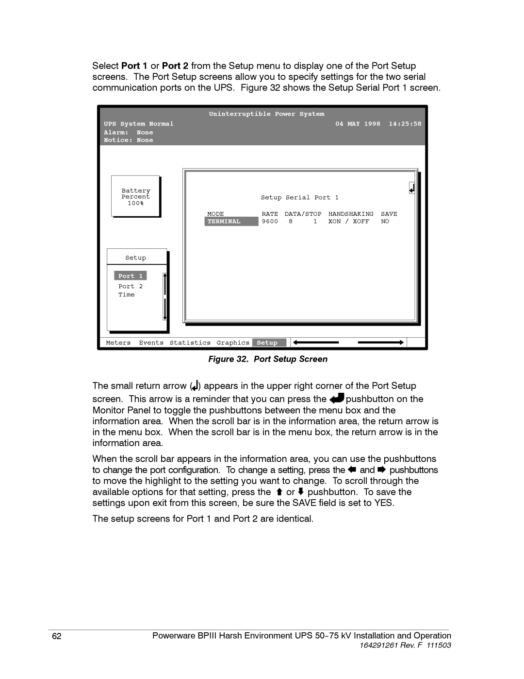 Powerware 5075 kVA operation manual Port Setup Screen 