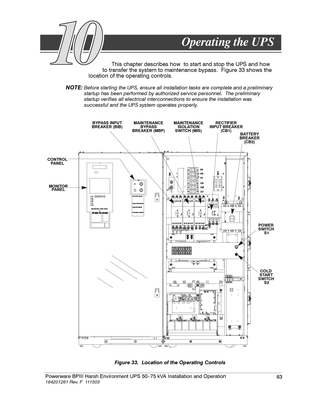 Powerware 5075 kVA operation manual Operating the UPS, Location of the Operating Controls 