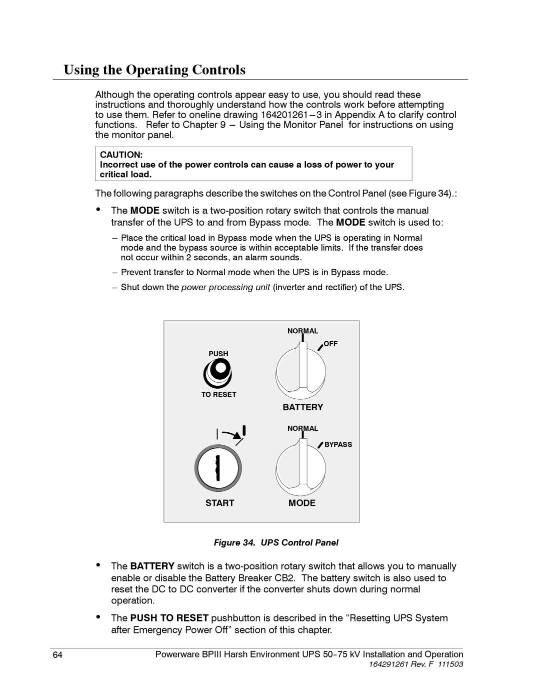 Powerware 5075 kVA operation manual Using the Operating Controls, UPS Control Panel 