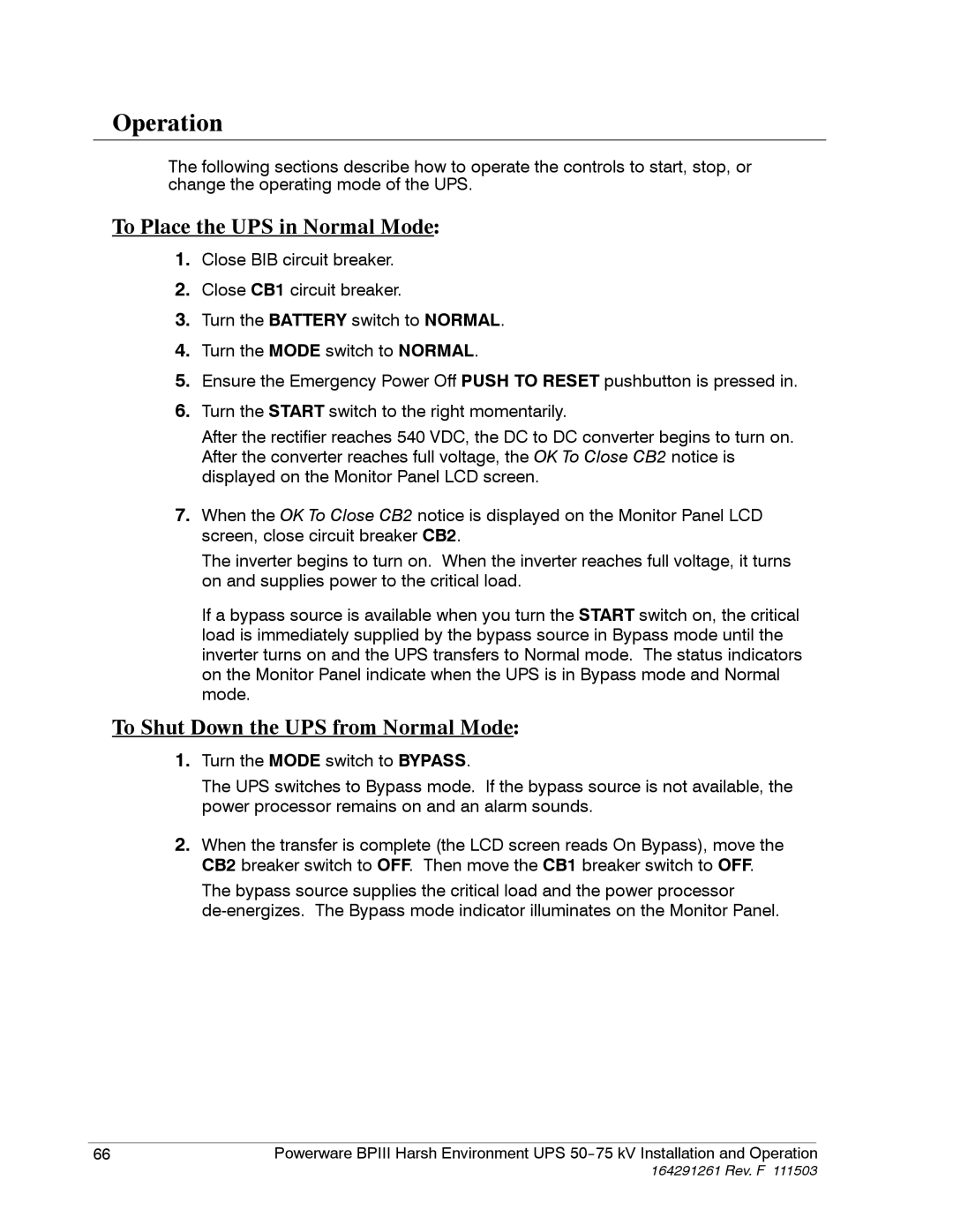 Powerware 5075 kVA operation manual Operation, To Place the UPS in Normal Mode, To Shut Down the UPS from Normal Mode 