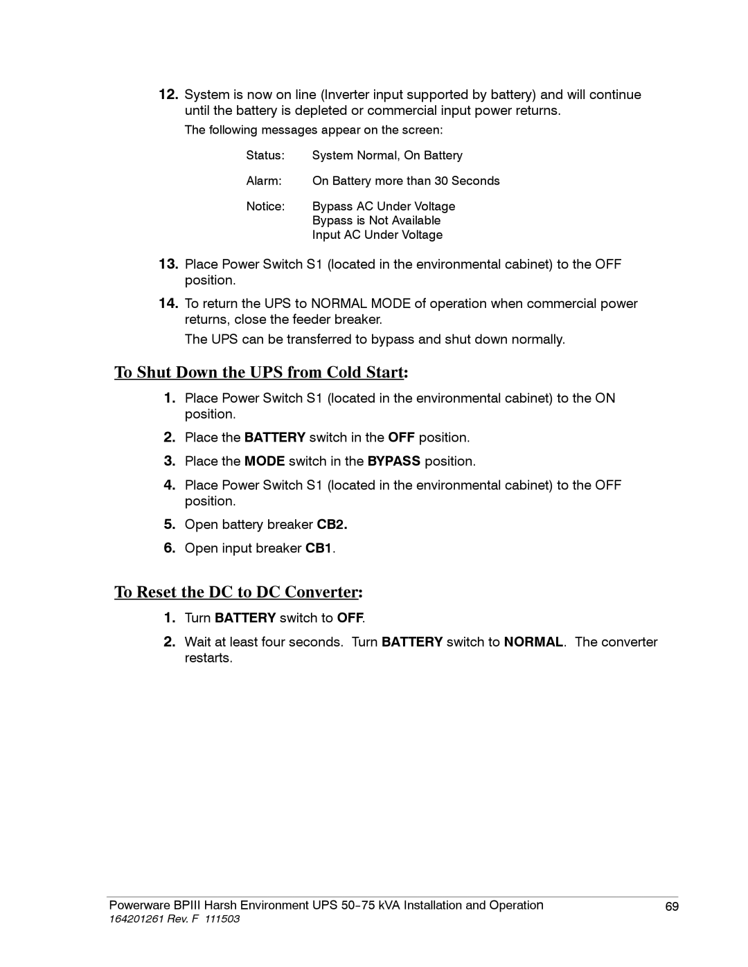 Powerware 5075 kVA operation manual To Shut Down the UPS from Cold Start, To Reset the DC to DC Converter 