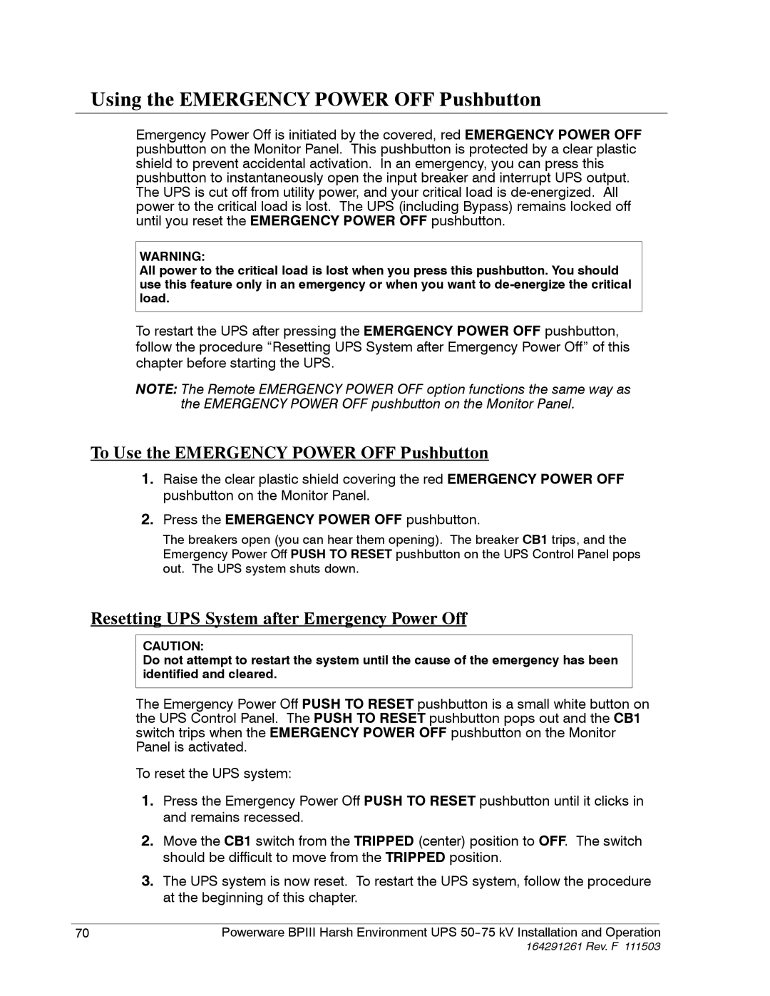 Powerware 5075 kVA operation manual Using the Emergency Power OFF Pushbutton, To Use the Emergency Power OFF Pushbutton 