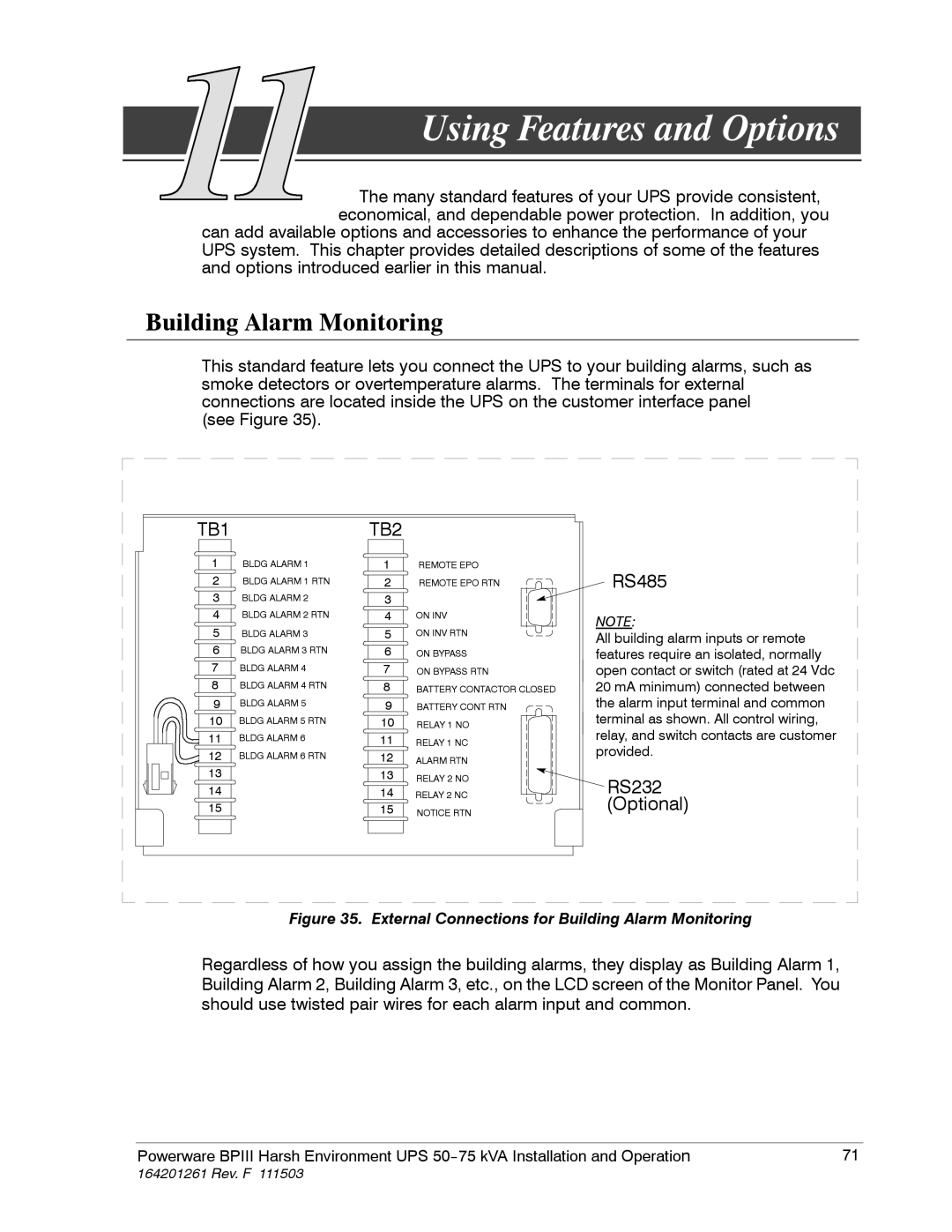 Powerware 5075 kVA operation manual Using Features and Options, Building Alarm Monitoring 