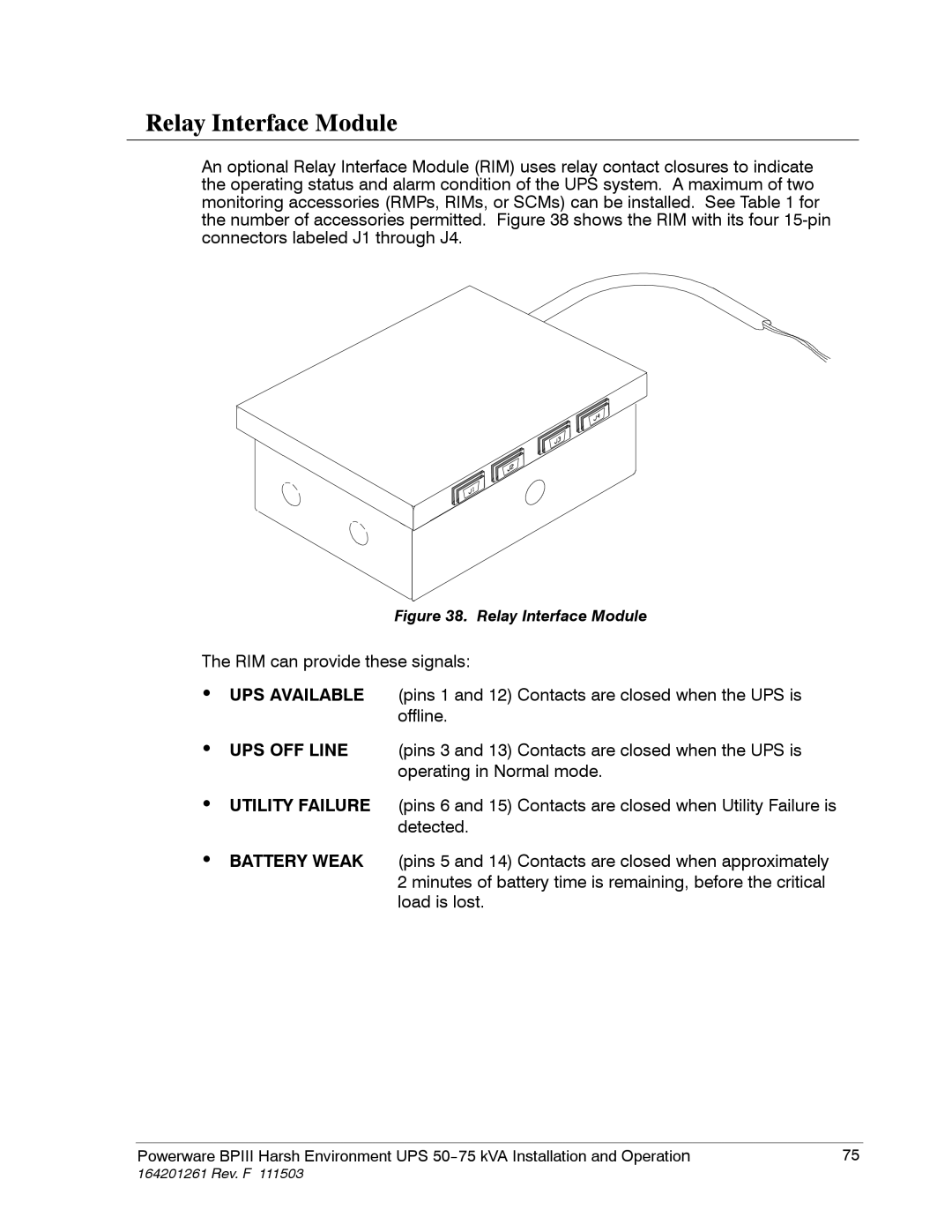 Powerware 5075 kVA operation manual Relay Interface Module 