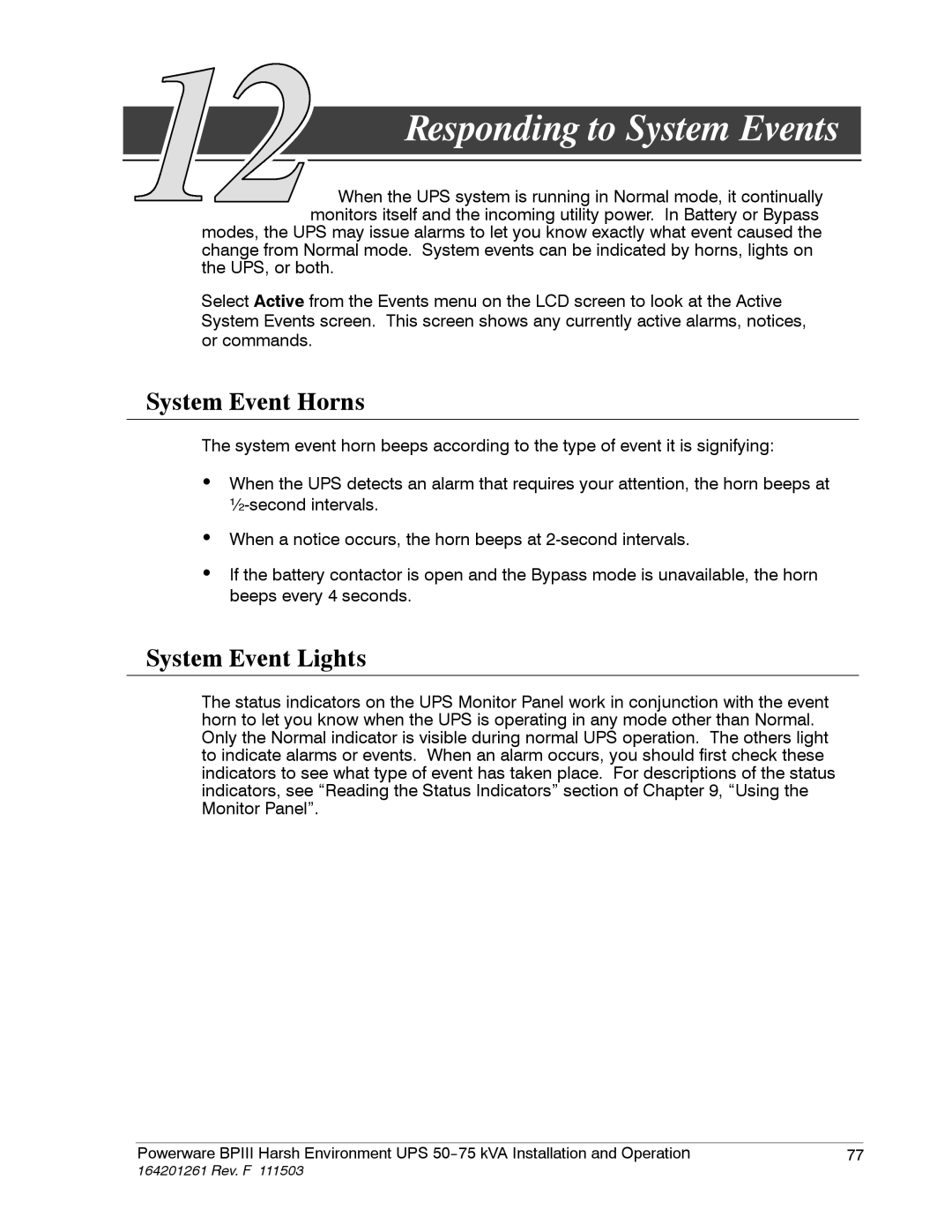 Powerware 5075 kVA operation manual Responding to System Events, System Event Horns, System Event Lights 