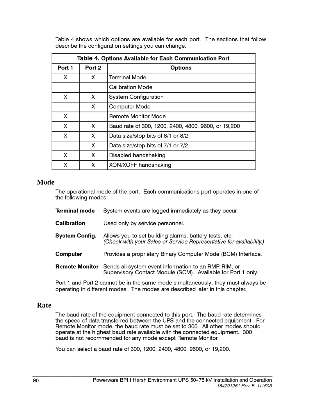 Powerware 5075 kVA operation manual Mode, Rate 