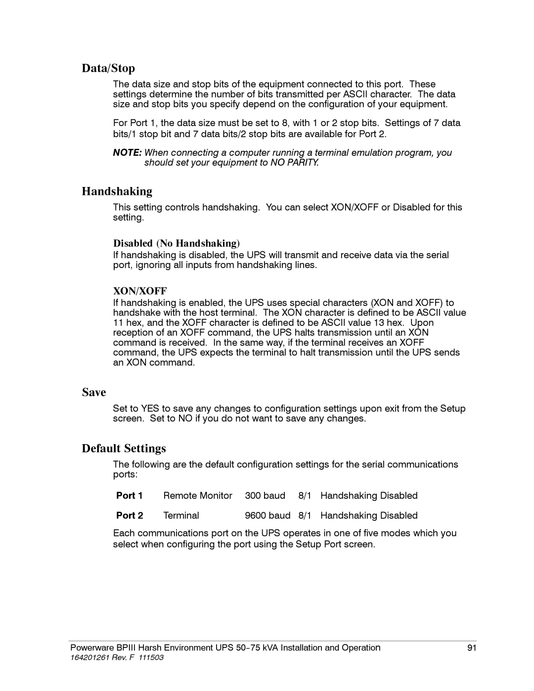 Powerware 5075 kVA operation manual Data/Stop, Handshaking, Save, Default Settings 