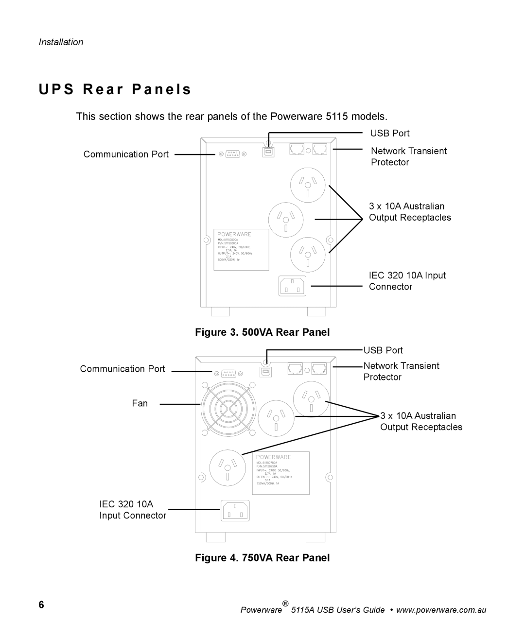 Powerware 5115A USB manual S R e a r P a n e l s, VA Rear Panel 